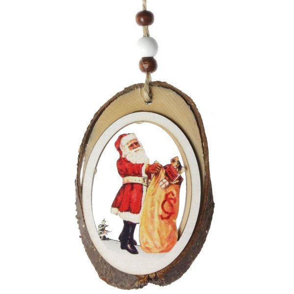 Χριστουγεννιάτικo Κρεμαστό Ξύλινο Στολίδι Κορμός, Άγιος Βασίλης με Σάκο (8cm)